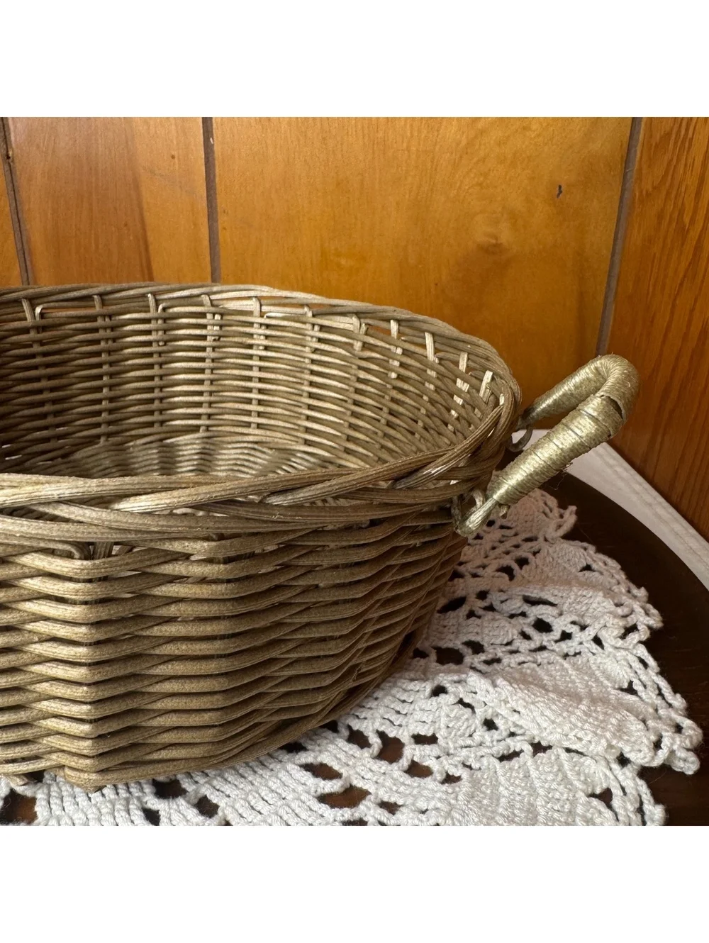 Round Woven Basket With Handles Antiqued Gold Wicker Farmhouse Centerpiece